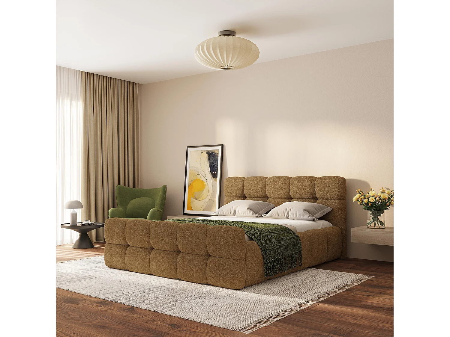 Lit Coffre ELIZJA 180x200 cm - Tissu bouclé - Miel