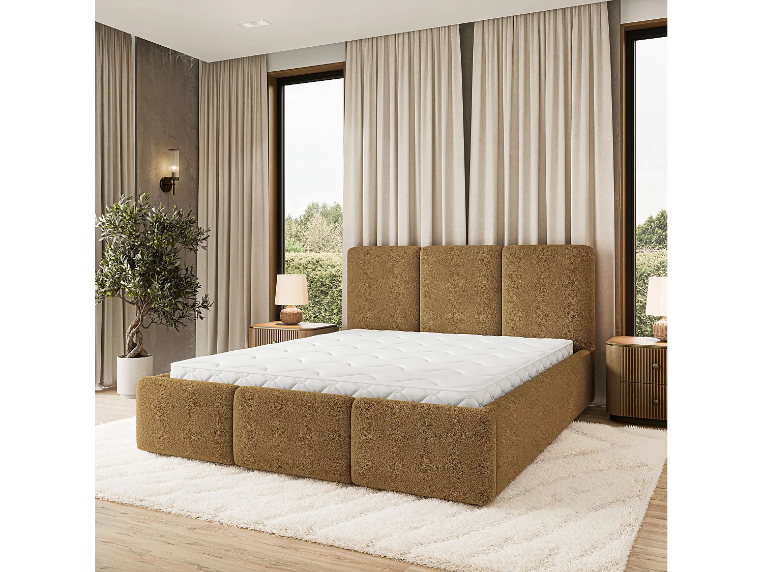 Lit Coffre MORENA 160x200 cm - Tissu bouclé - Miel
