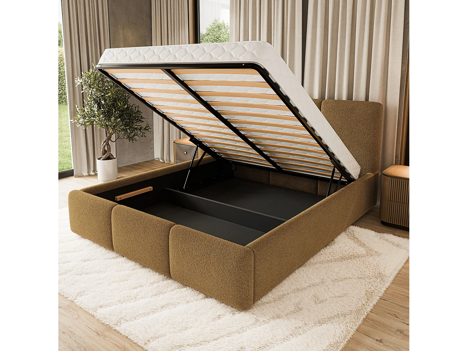 Lit Coffre MORENA 160x200 cm - Tissu bouclé - Miel