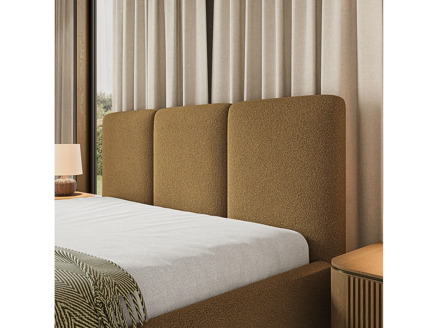 Lit Coffre MORENA 160x200 cm - Tissu bouclé - Miel