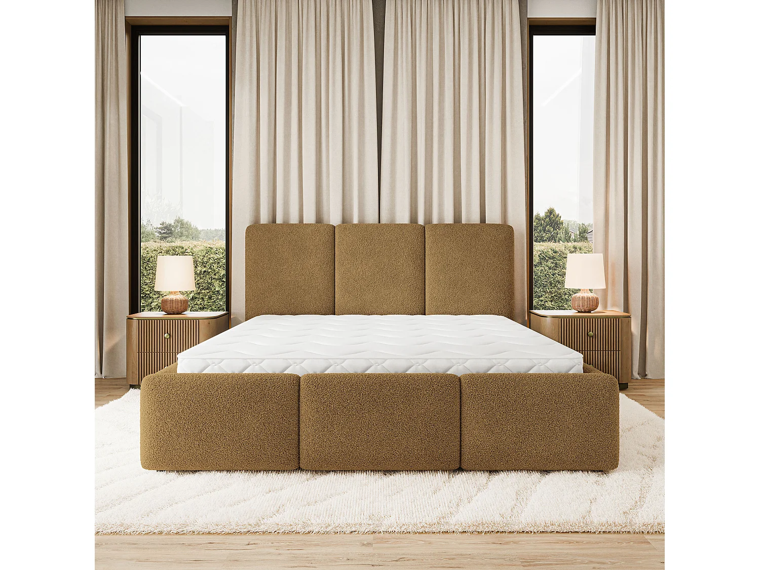 Lit Coffre MORENA 160x200 cm - Tissu bouclé - Miel