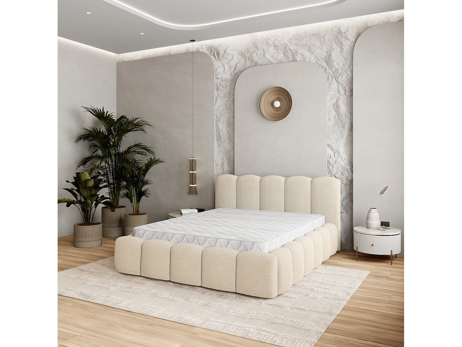 Gestoffeerd bed FALINA 180x200 cm - Bouclé stof - Crème