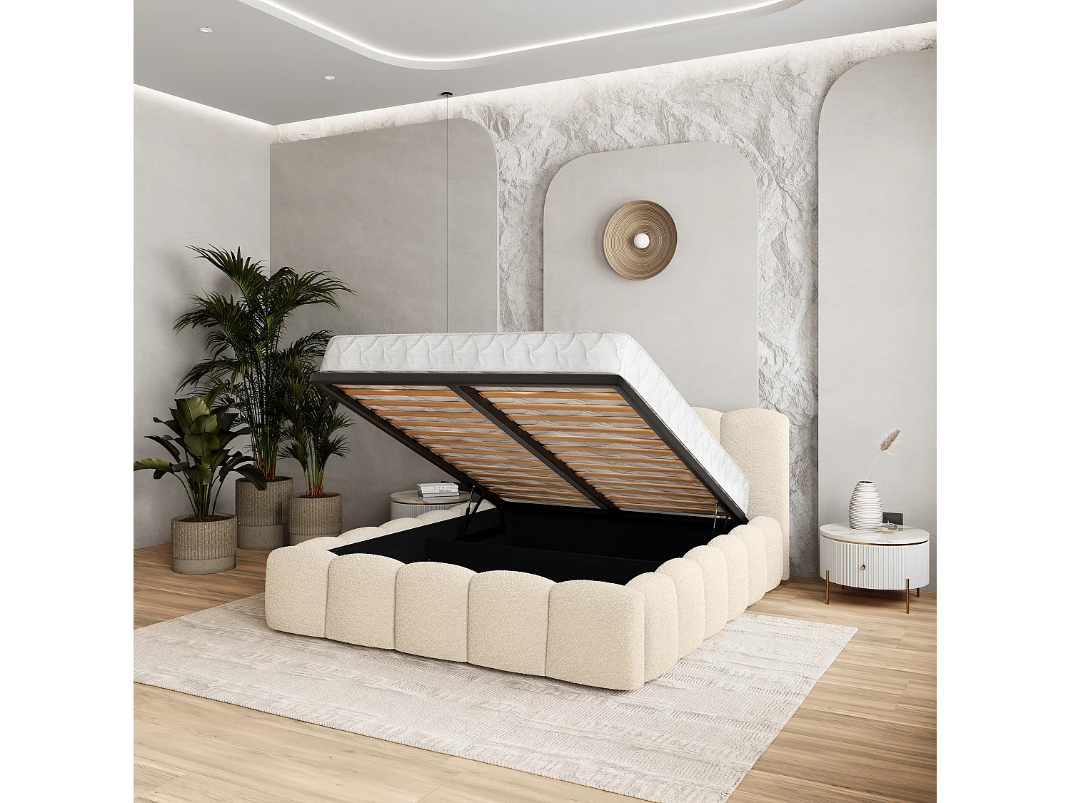 Gestoffeerd bed FALINA 180x200 cm - Bouclé stof - Crème