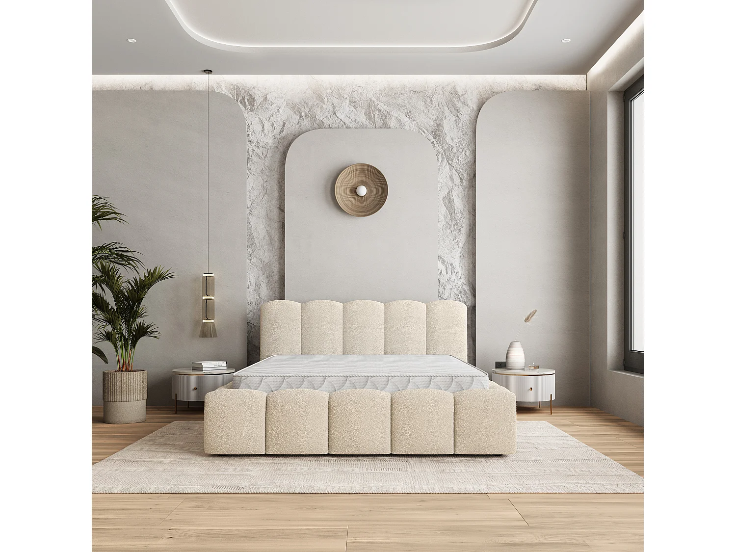 Gestoffeerd bed FALINA 180x200 cm - Bouclé stof - Crème