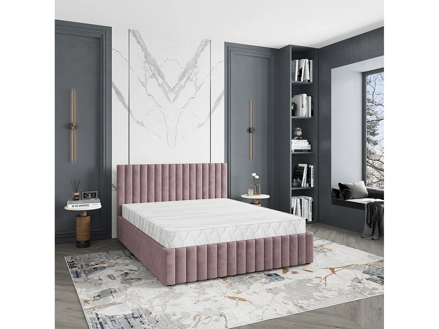 Lit Coffre CARMIA 120x200 cm - Tissu peluche - Rose poudré
