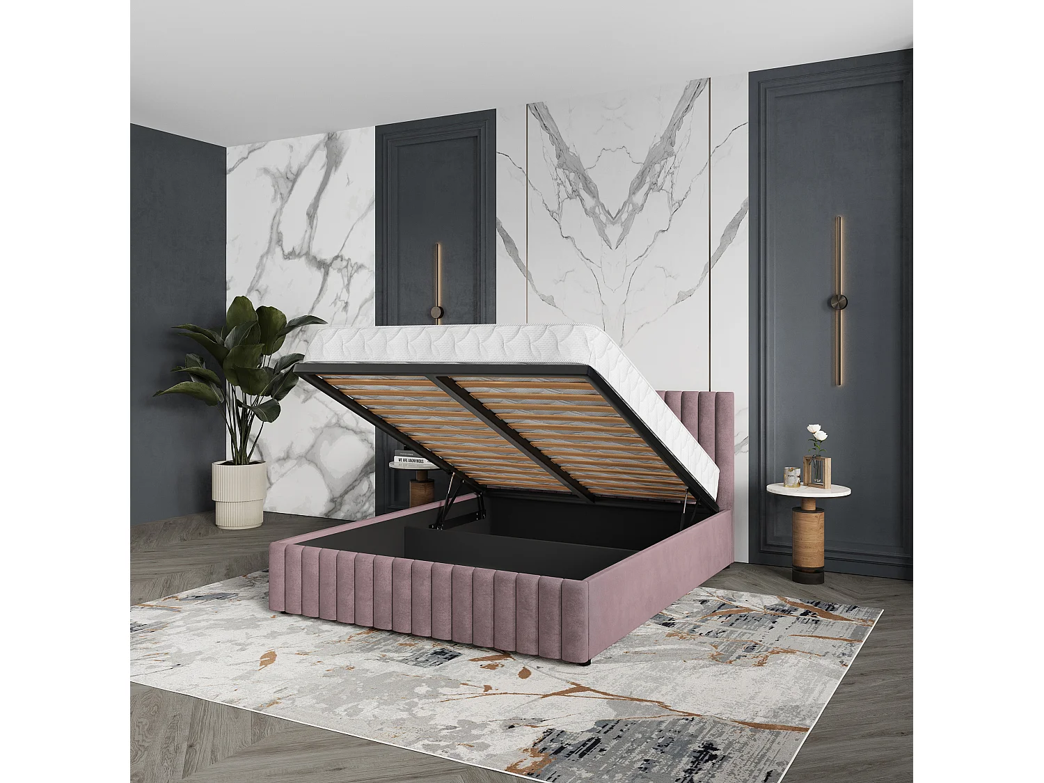 Lit Coffre CARMIA 120x200 cm - Tissu peluche - Rose poudré