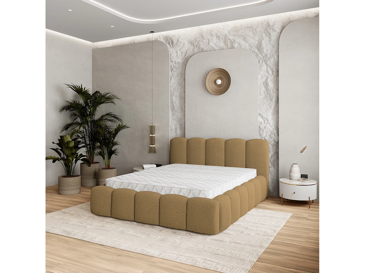 Lit Coffre FALINA 200x200 cm - Tissu bouclé - Miel