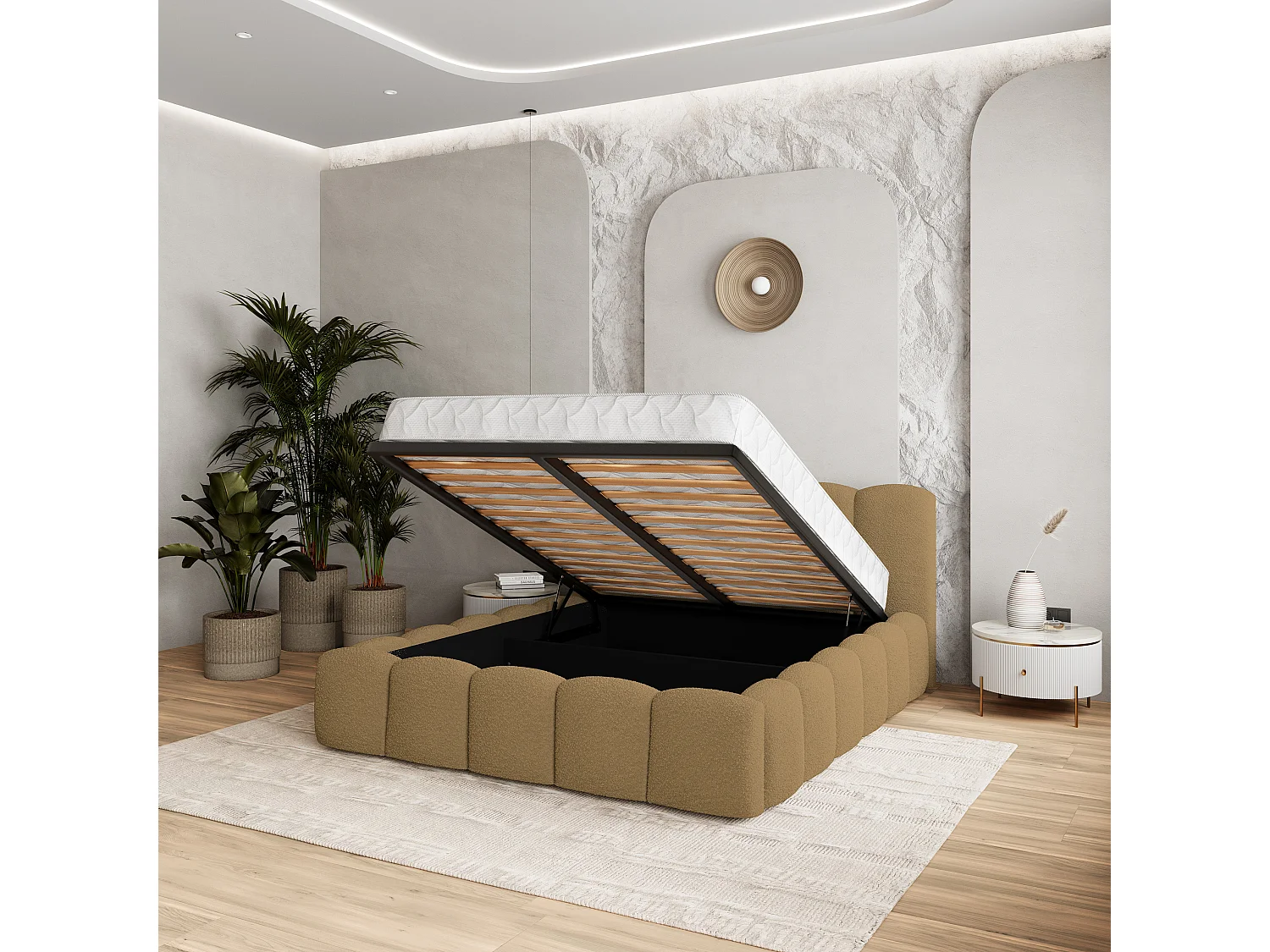Lit Coffre FALINA 200x200 cm - Tissu bouclé - Miel
