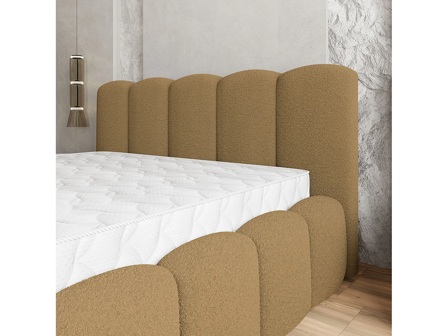 Lit Coffre FALINA 200x200 cm - Tissu bouclé - Miel