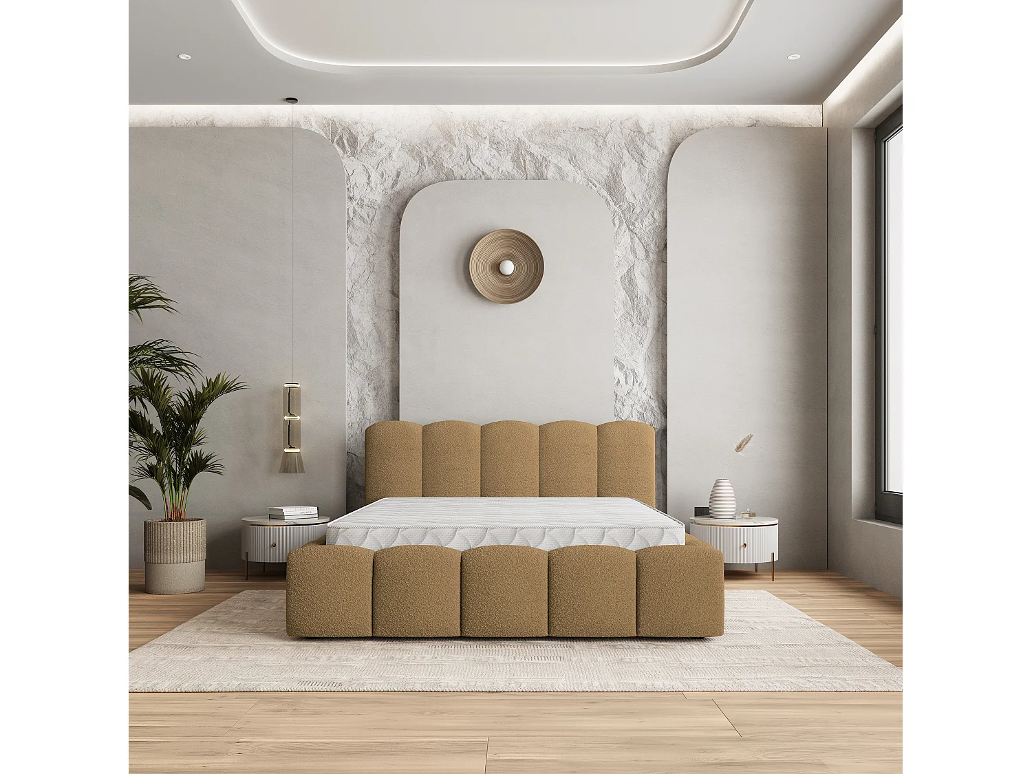 Lit Coffre FALINA 200x200 cm - Tissu bouclé - Miel