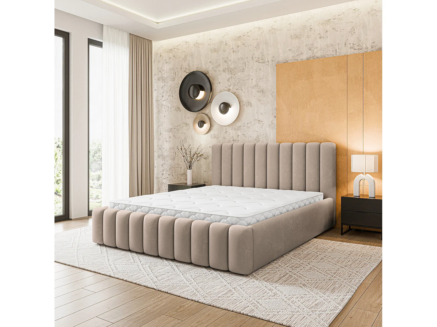 Gestoffeerd bed DINESE 180x200 cm - Pluche stof - Beige