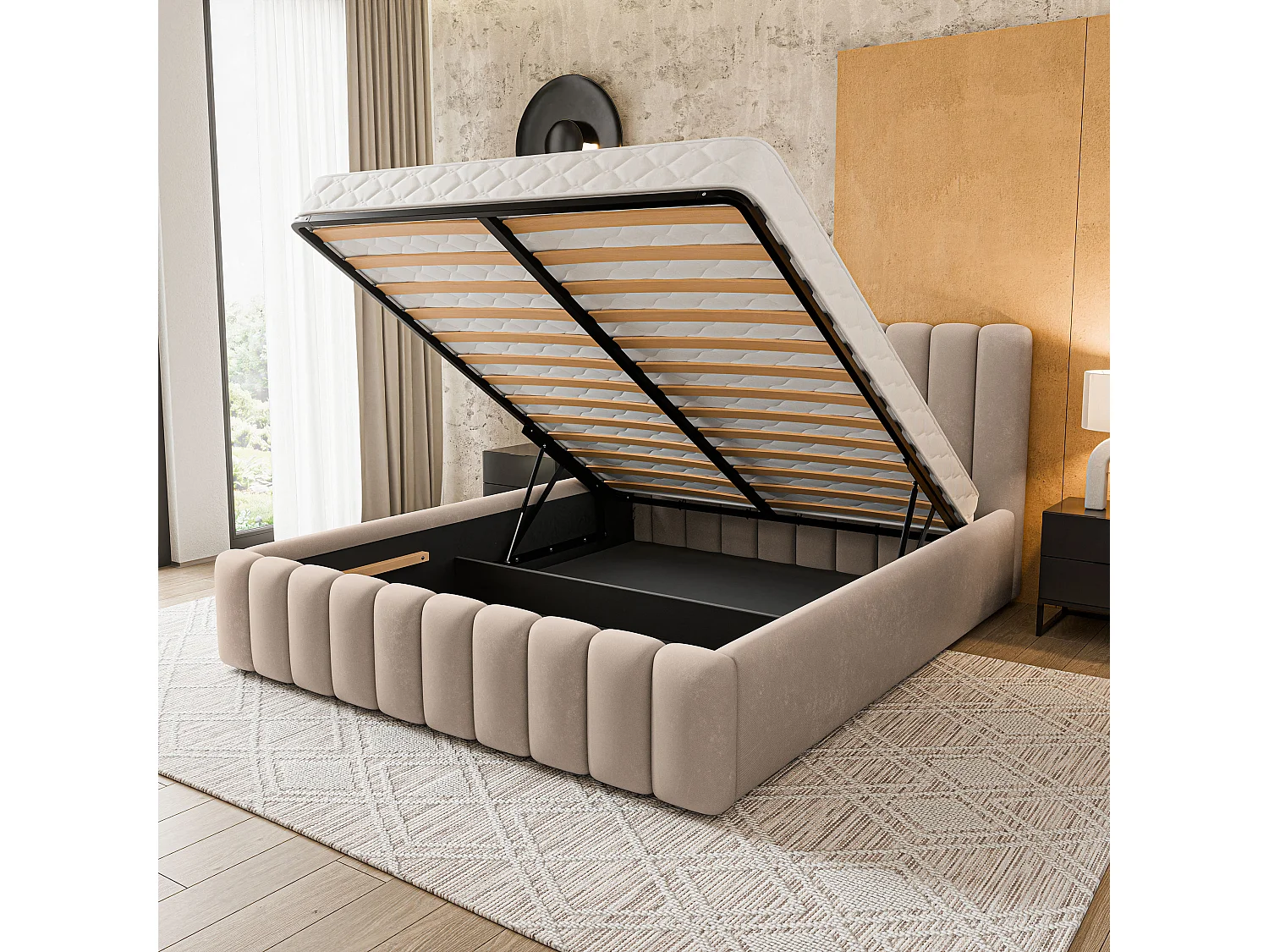 Gestoffeerd bed DINESE 180x200 cm - Pluche stof - Beige