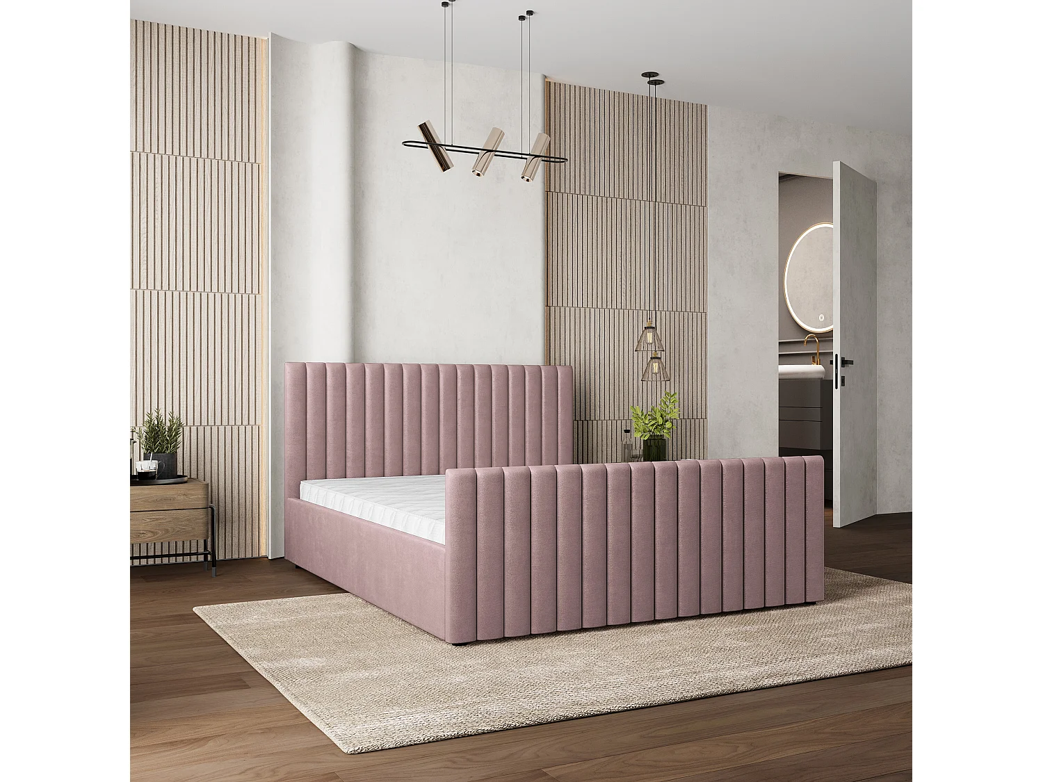 Lit Coffre CANOVA 200x200 cm - Tissu peluche - Rose poudré