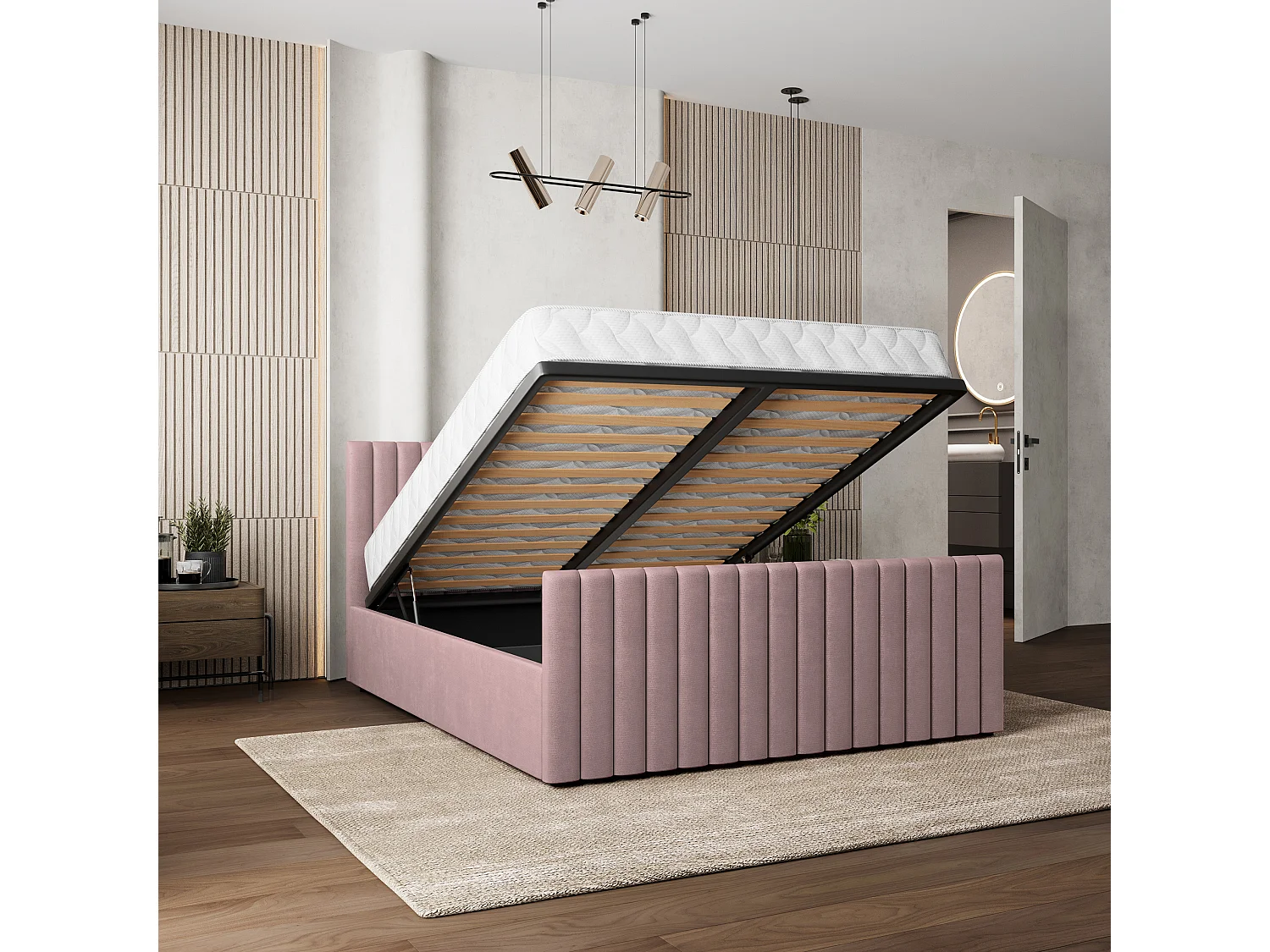Lit Coffre CANOVA 200x200 cm - Tissu peluche - Rose poudré