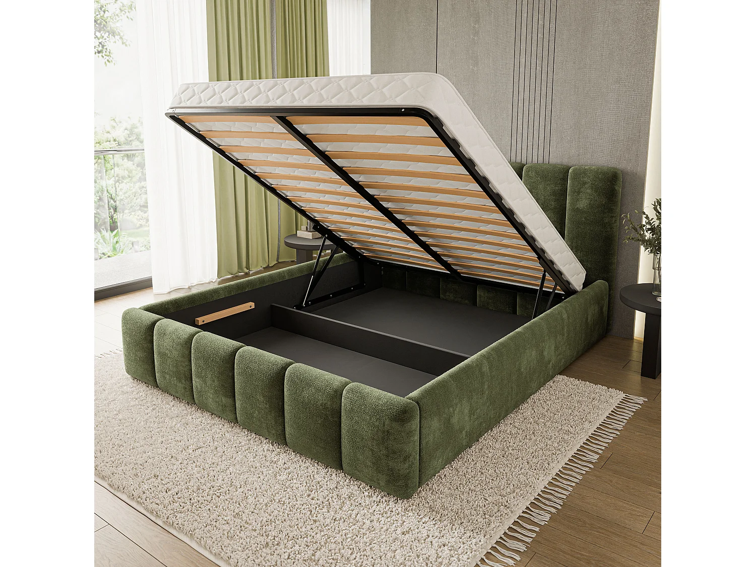 Gestoffeerd bed ATTORA 160x200 cm - Chenillestof - Groen