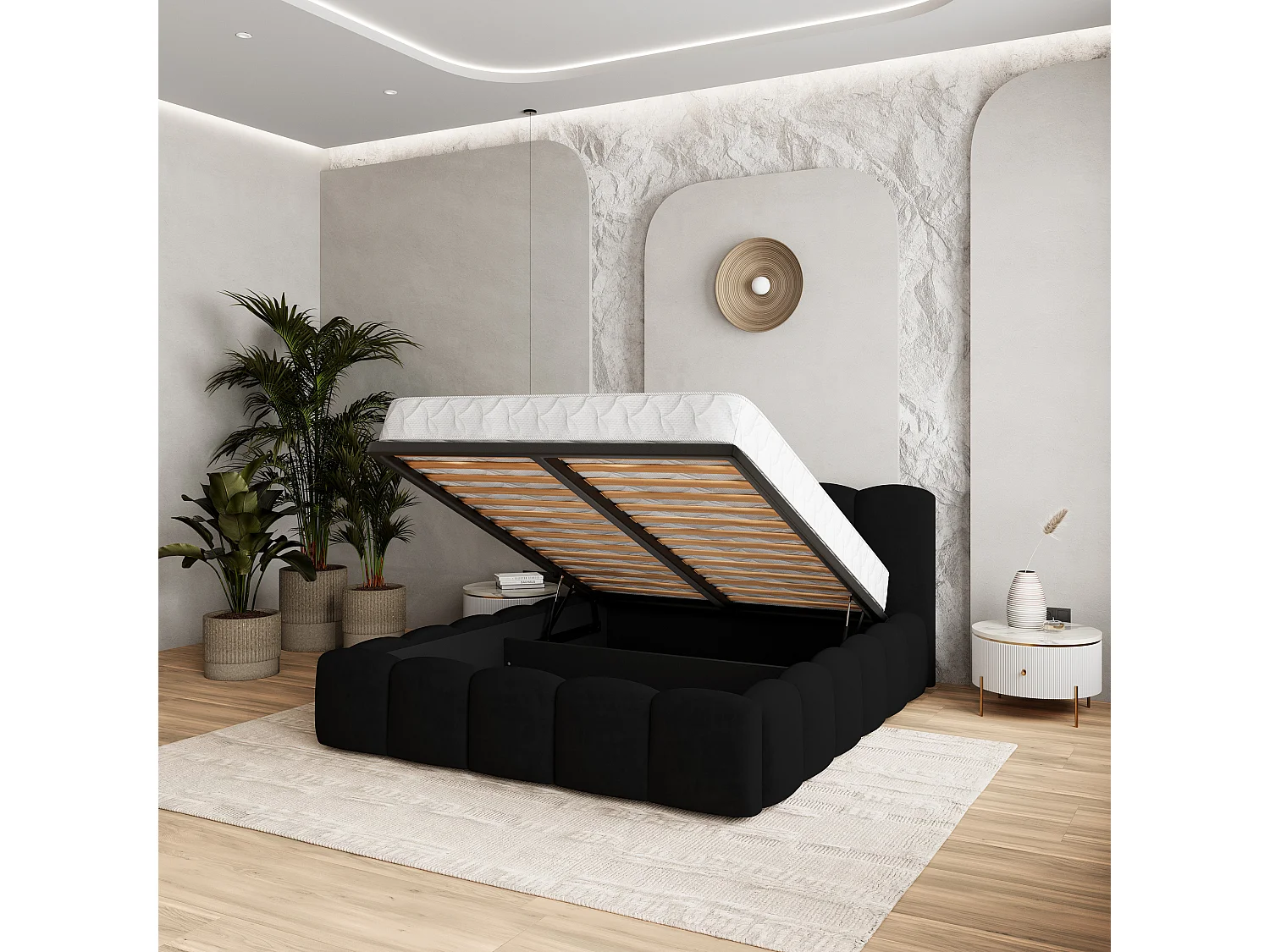 Gestoffeerd bed FALINA 180x200 cm - Pluche stof - Zwart