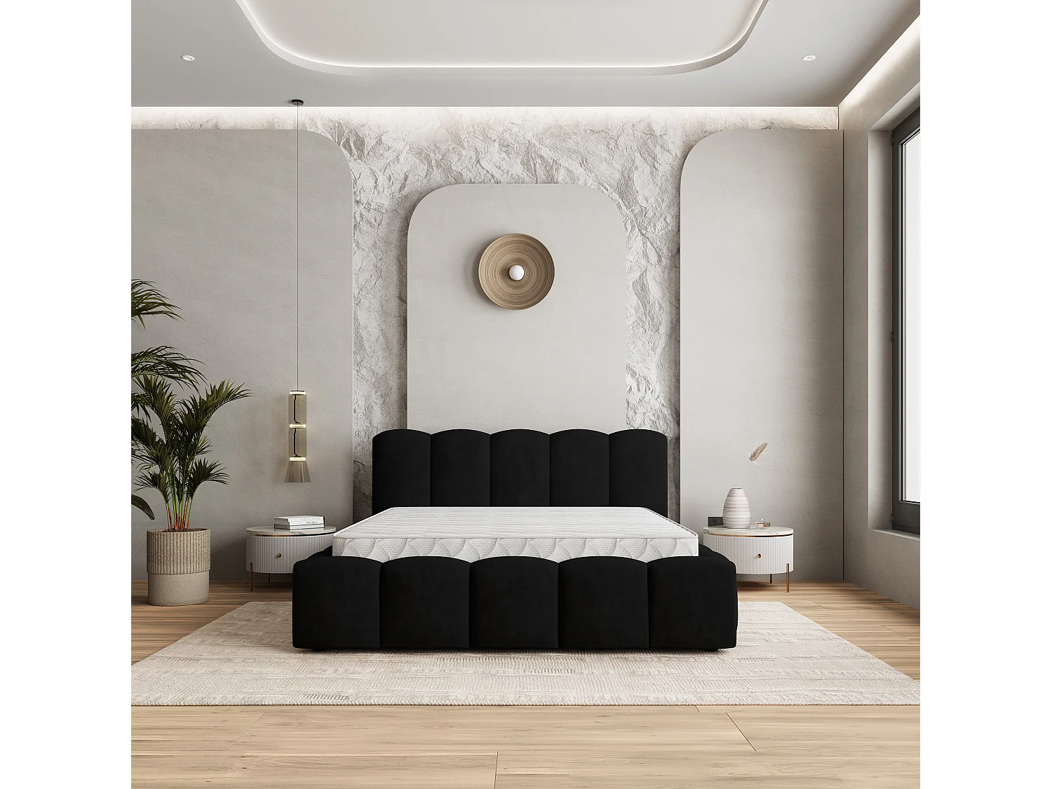 Gestoffeerd bed FALINA 180x200 cm - Pluche stof - Zwart