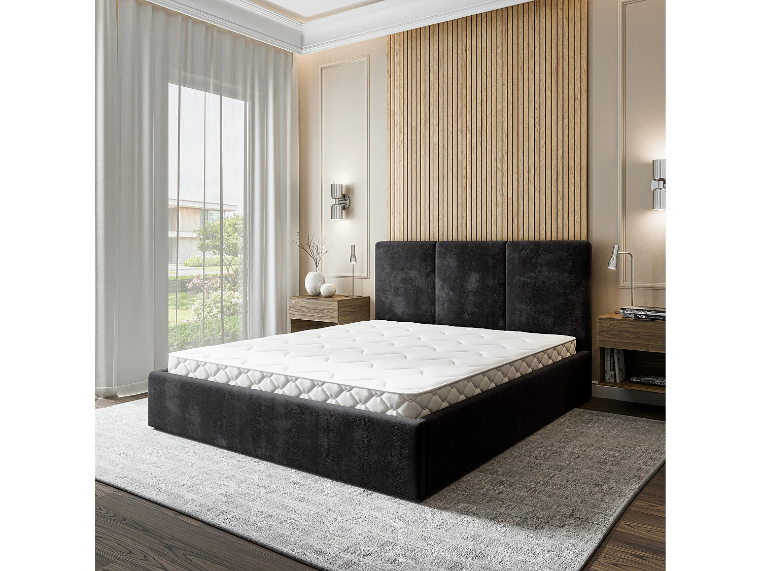 Gestoffeerd bed AZURI 180x200 cm - Chenillestof - Zwart
