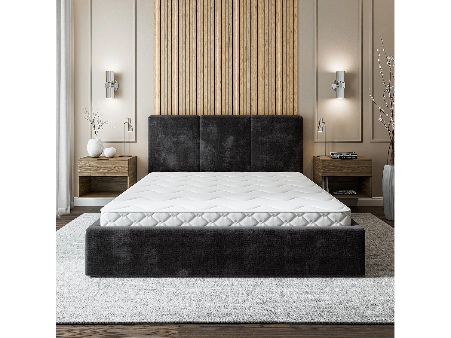 Gestoffeerd bed AZURI 180x200 cm - Chenillestof - Zwart