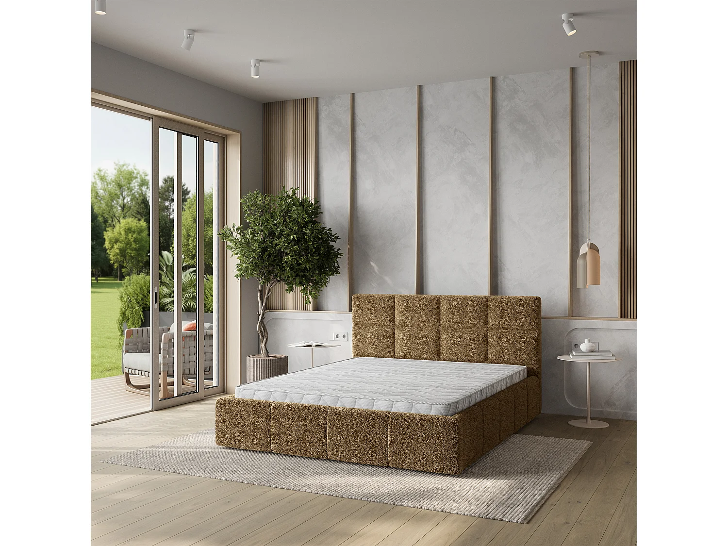 Lit Coffre COMO 120x200 cm - Tissu bouclé - Miel
