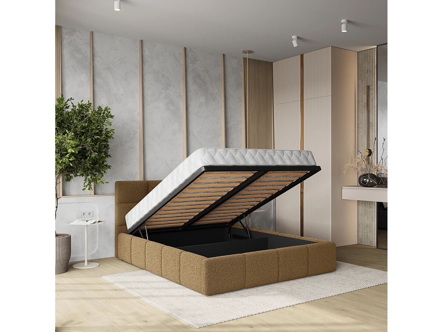 Lit Coffre COMO 120x200 cm - Tissu bouclé - Miel