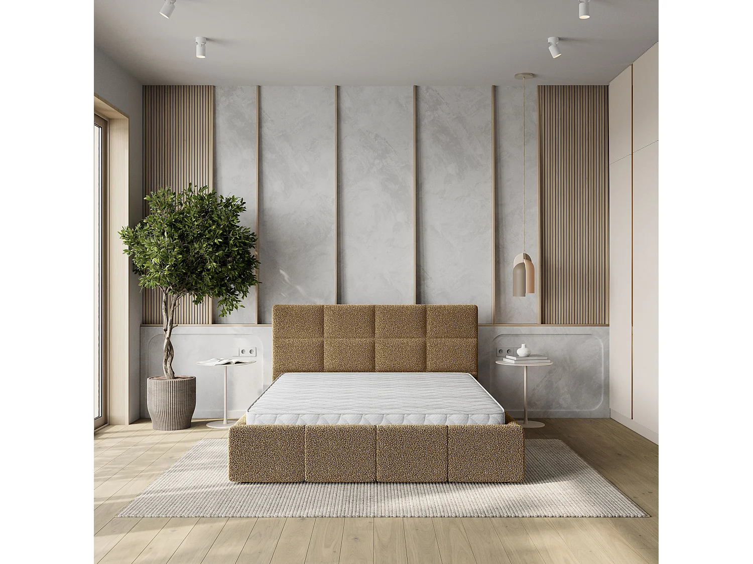 Lit Coffre COMO 120x200 cm - Tissu bouclé - Miel