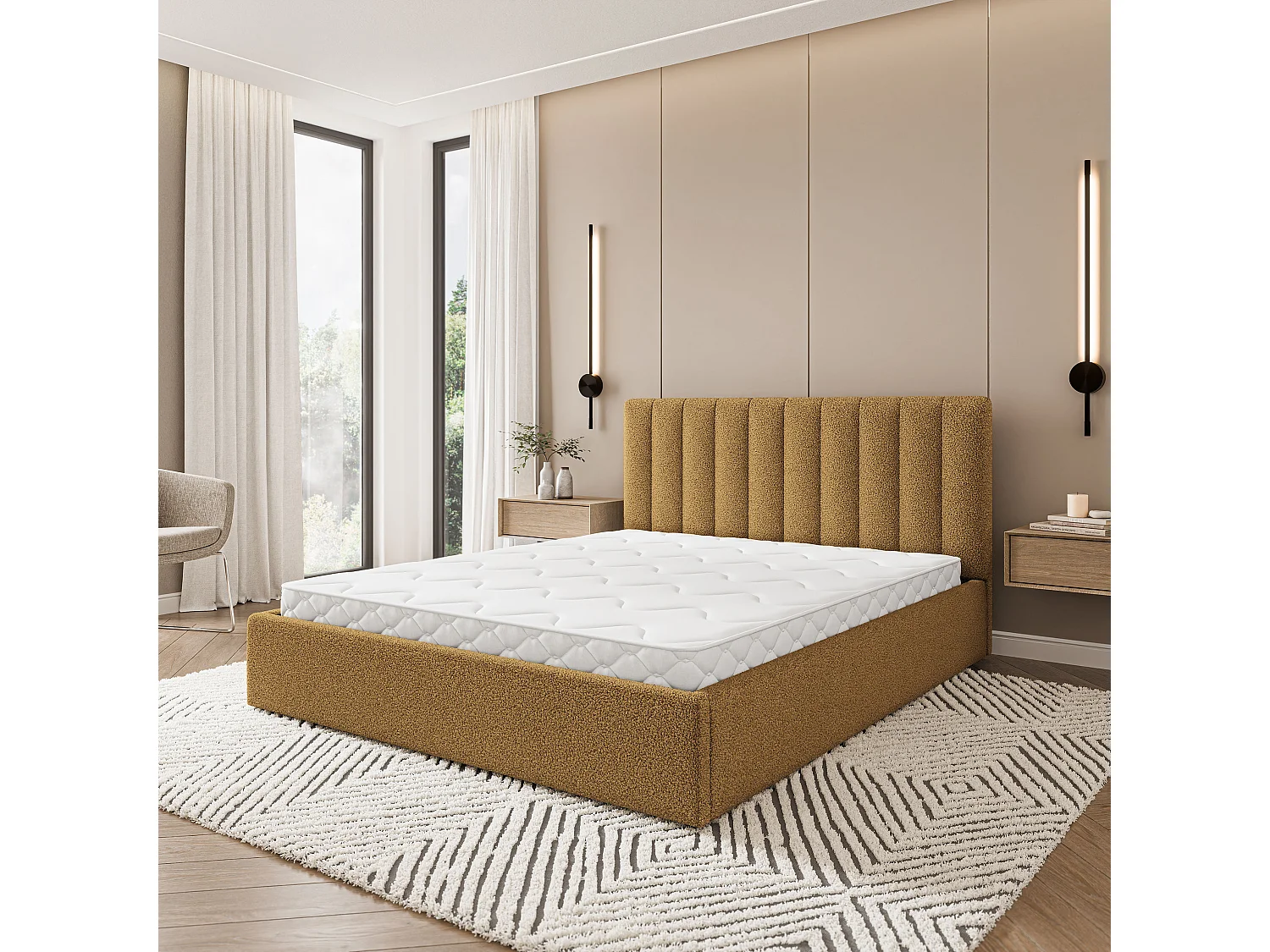Lit Coffre DEMERA 120x200 cm - Tissu bouclé - Miel