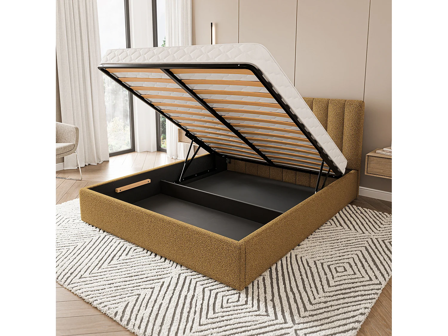 Lit Coffre DEMERA 120x200 cm - Tissu bouclé - Miel