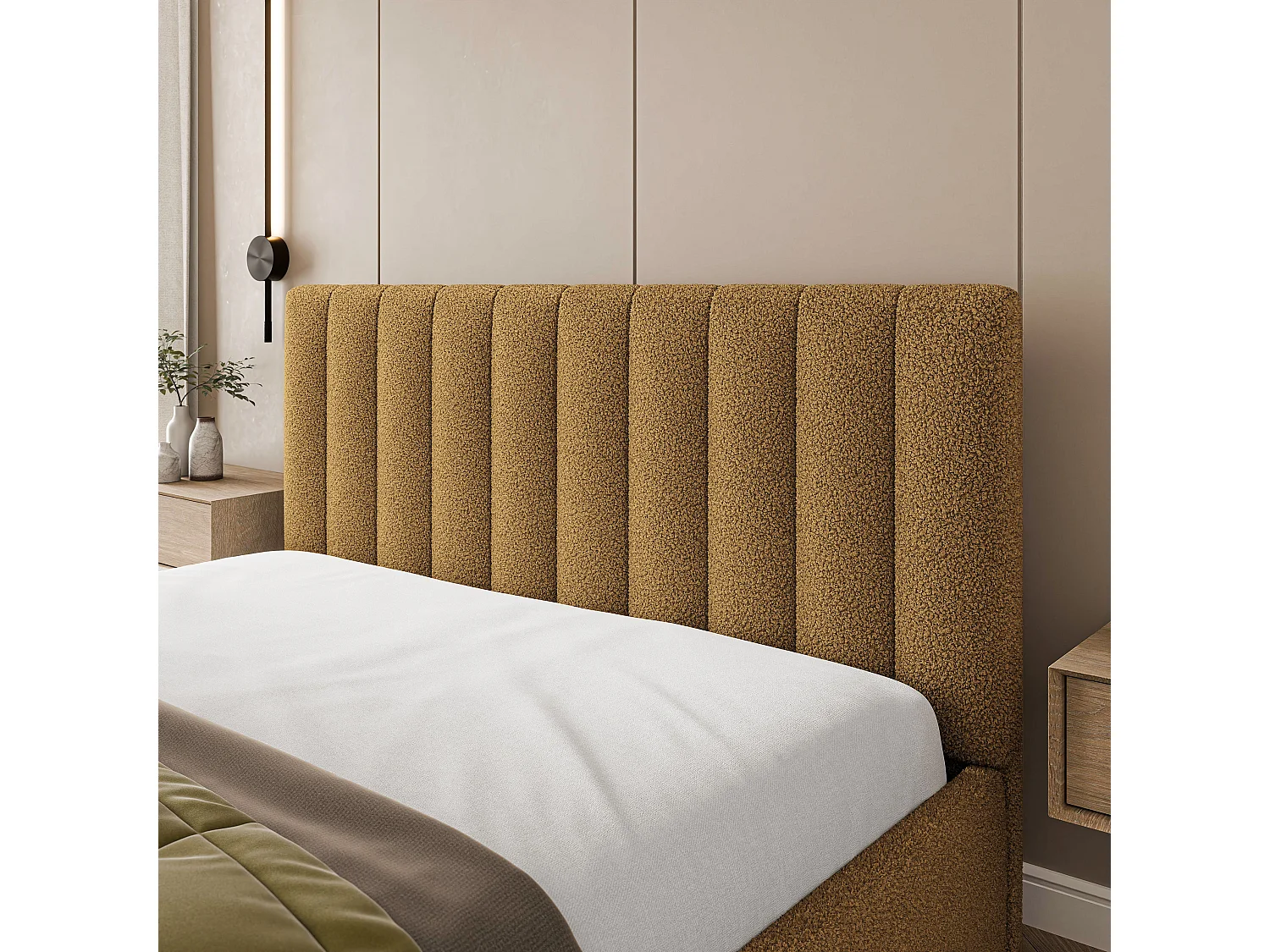 Lit Coffre DEMERA 120x200 cm - Tissu bouclé - Miel
