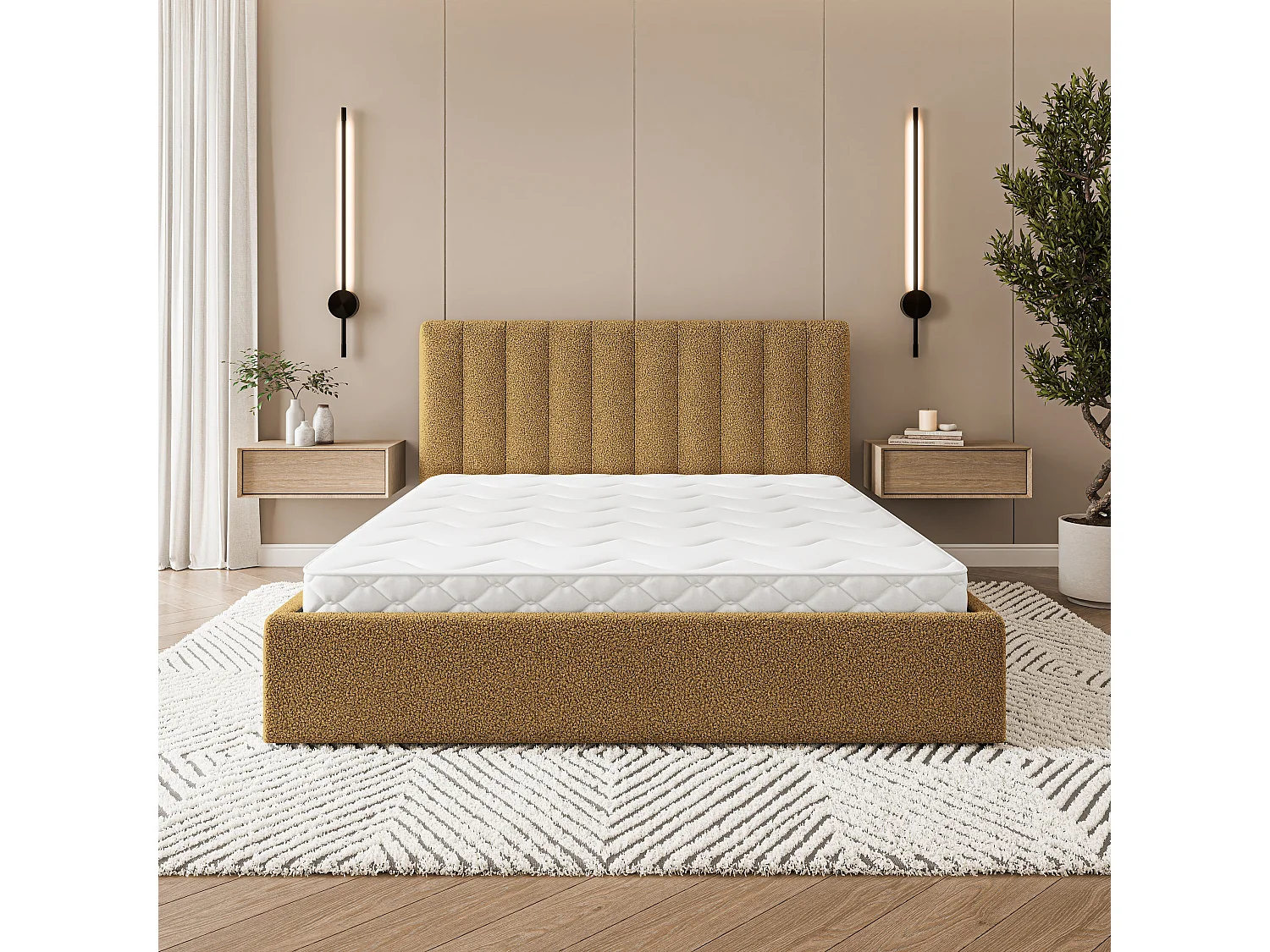 Lit Coffre DEMERA 120x200 cm - Tissu bouclé - Miel