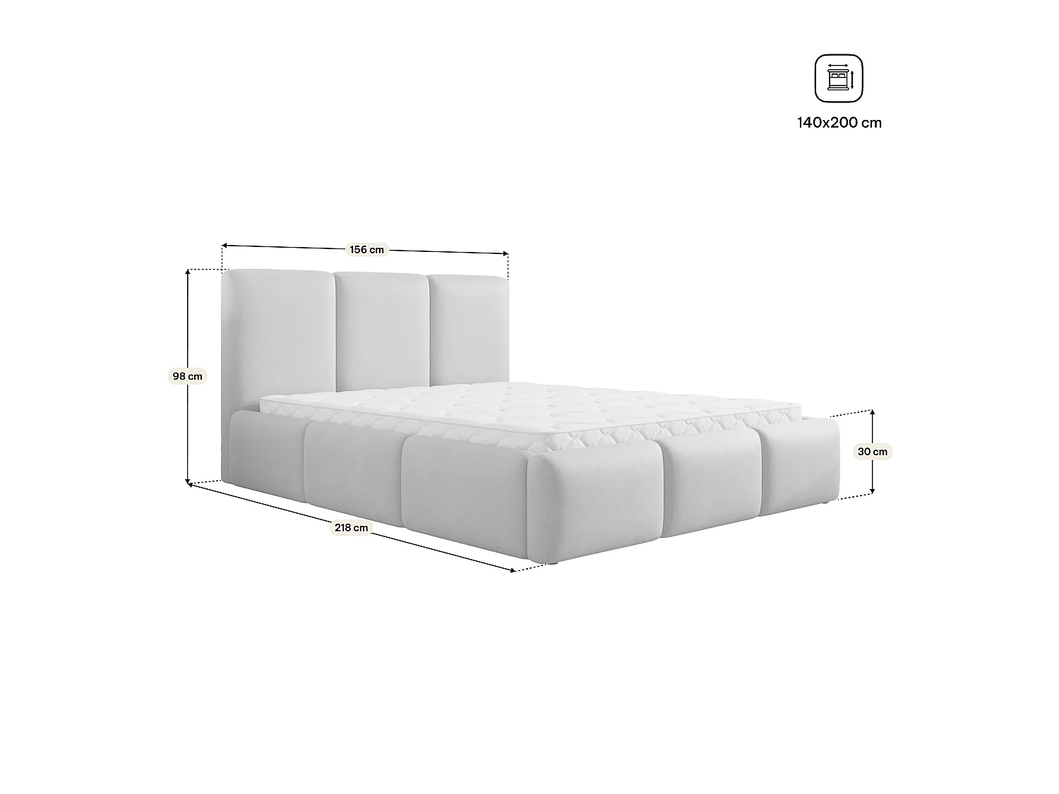 Gestoffeerd bed ARSIL 140x200 cm - Pluche stof - Lichtgrijs