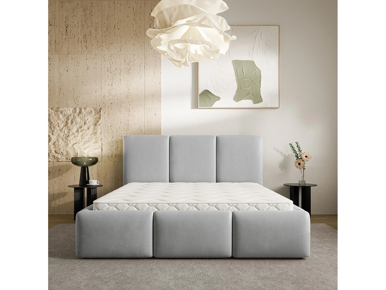 Gestoffeerd bed ARSIL 140x200 cm - Pluche stof - Lichtgrijs
