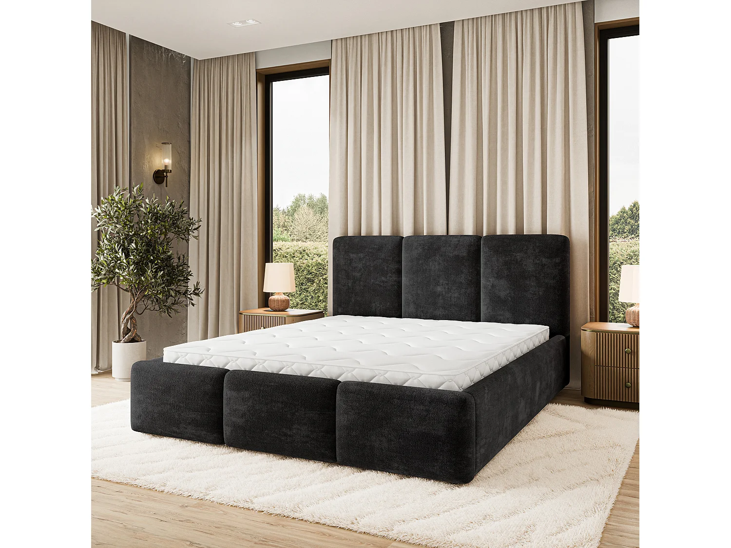 Gestoffeerd bed MORENA 180x200 cm - Chenillestof - Zwart