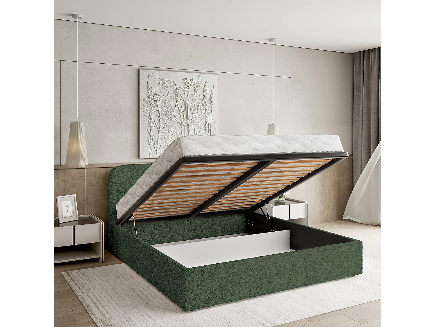 Gestoffeerd bed RENIVE 160x200 cm - Bouclé stof - Groen
