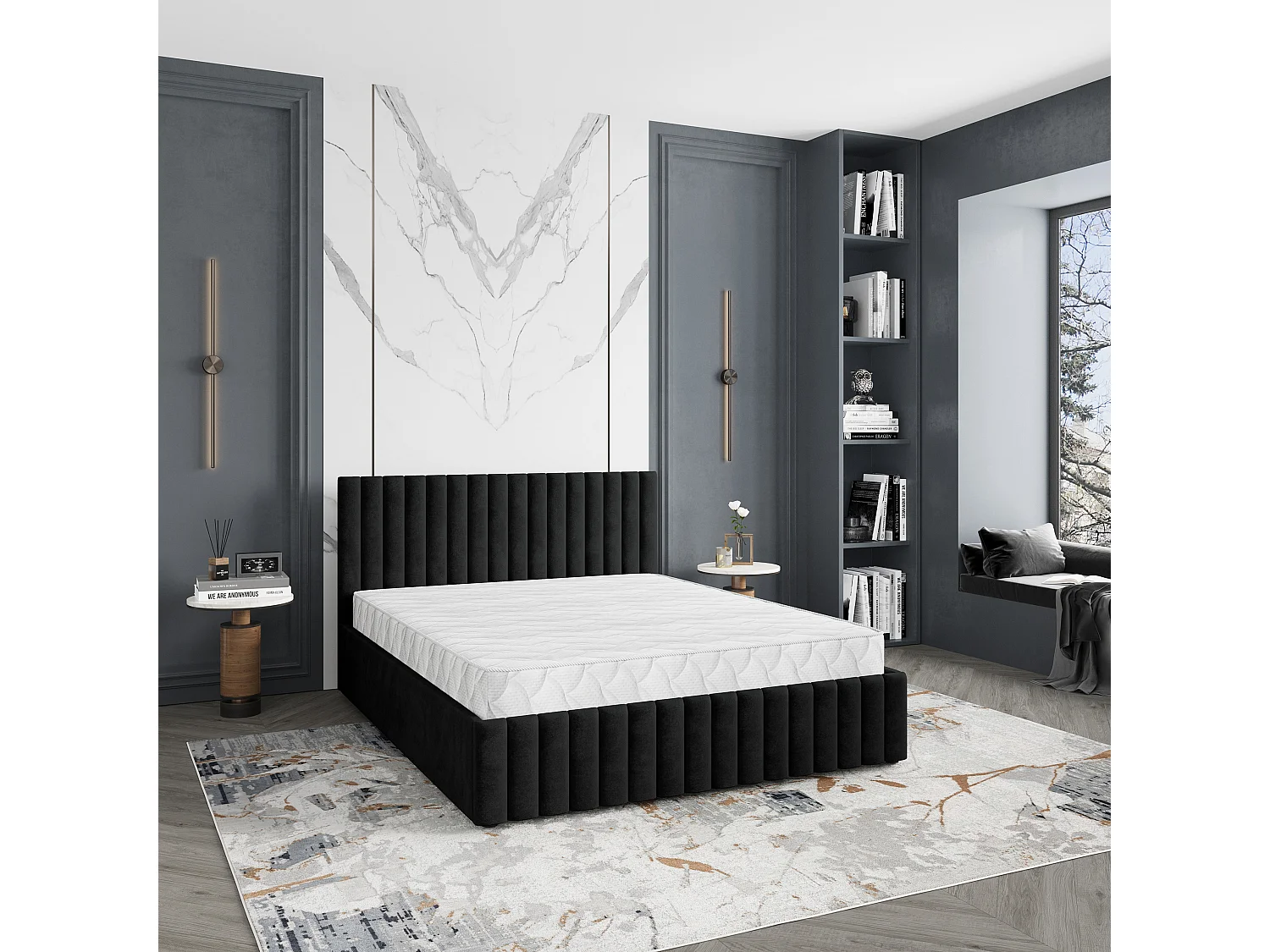 Gestoffeerd bed CARMIA 180x200 cm - Pluche stof - Zwart