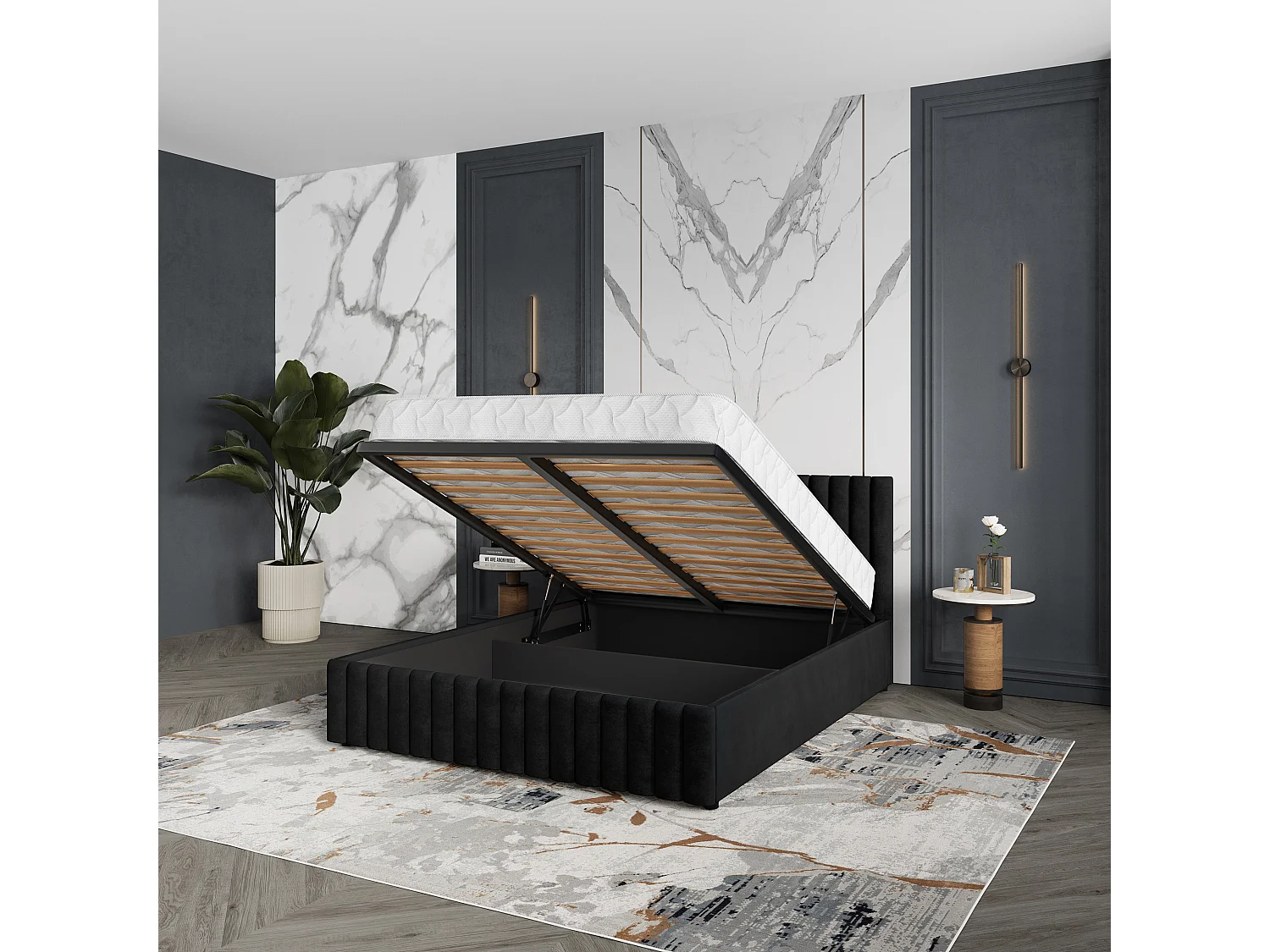 Gestoffeerd bed CARMIA 180x200 cm - Pluche stof - Zwart
