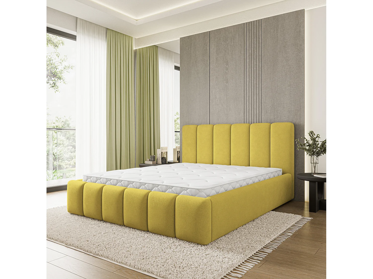 Lit Coffre ATTORA 160x200 cm - Tissu tissé - Jaune