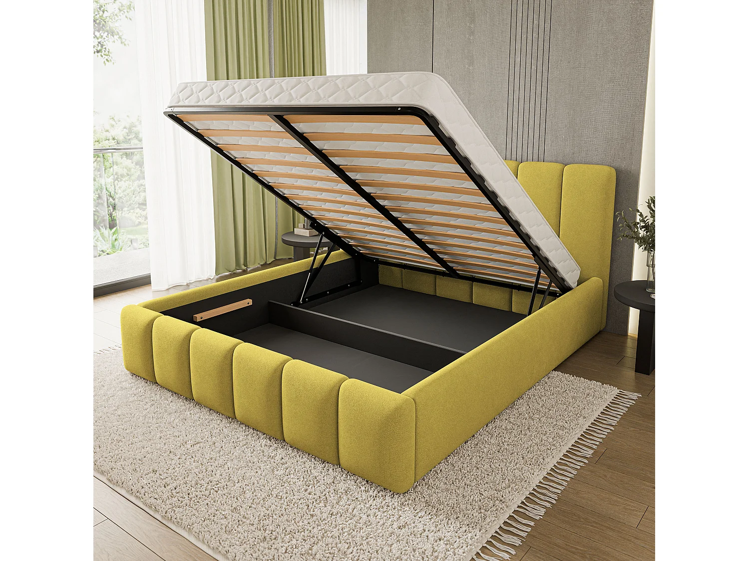 Lit Coffre ATTORA 160x200 cm - Tissu tissé - Jaune