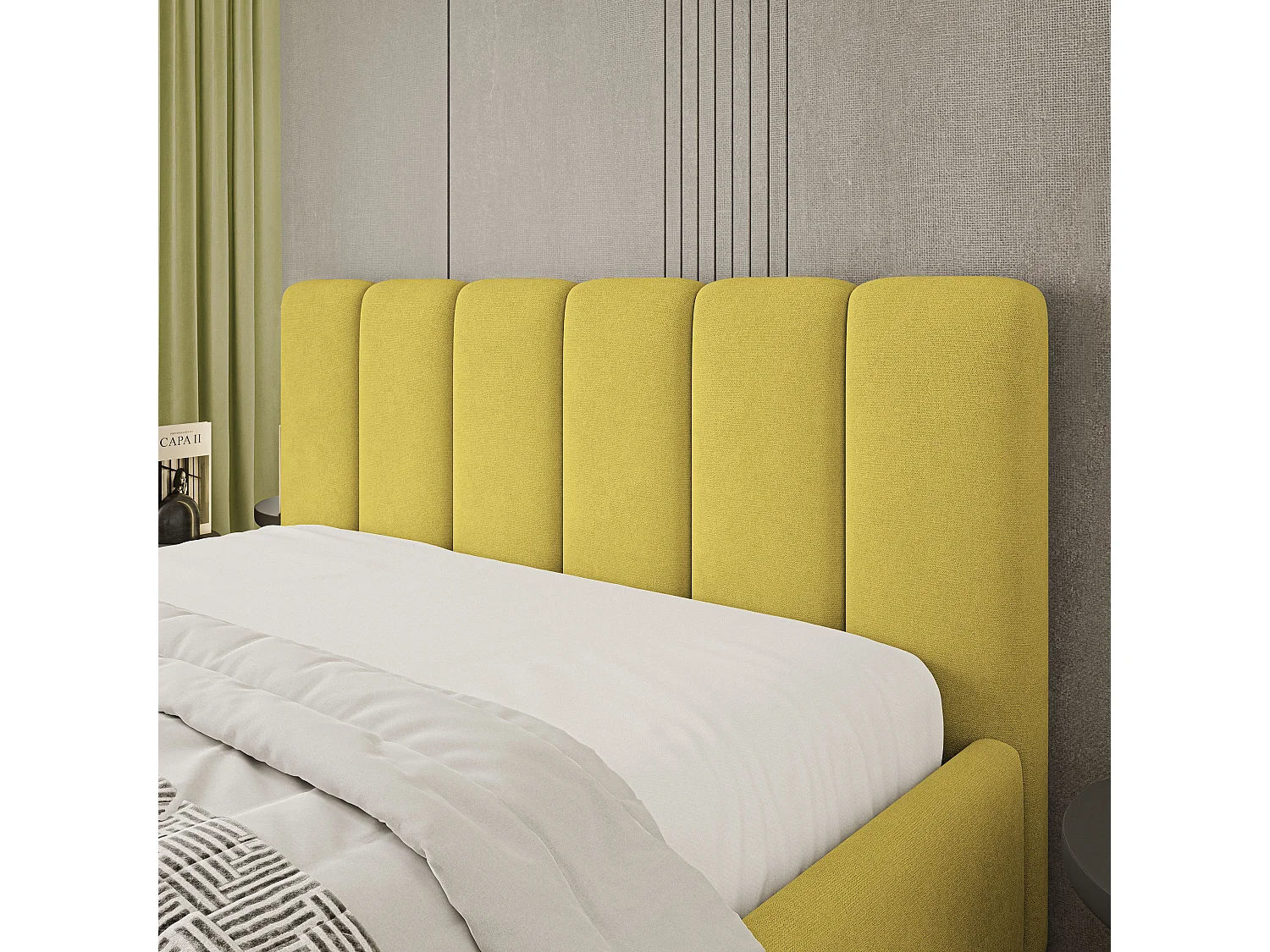 Lit Coffre ATTORA 160x200 cm - Tissu tissé - Jaune