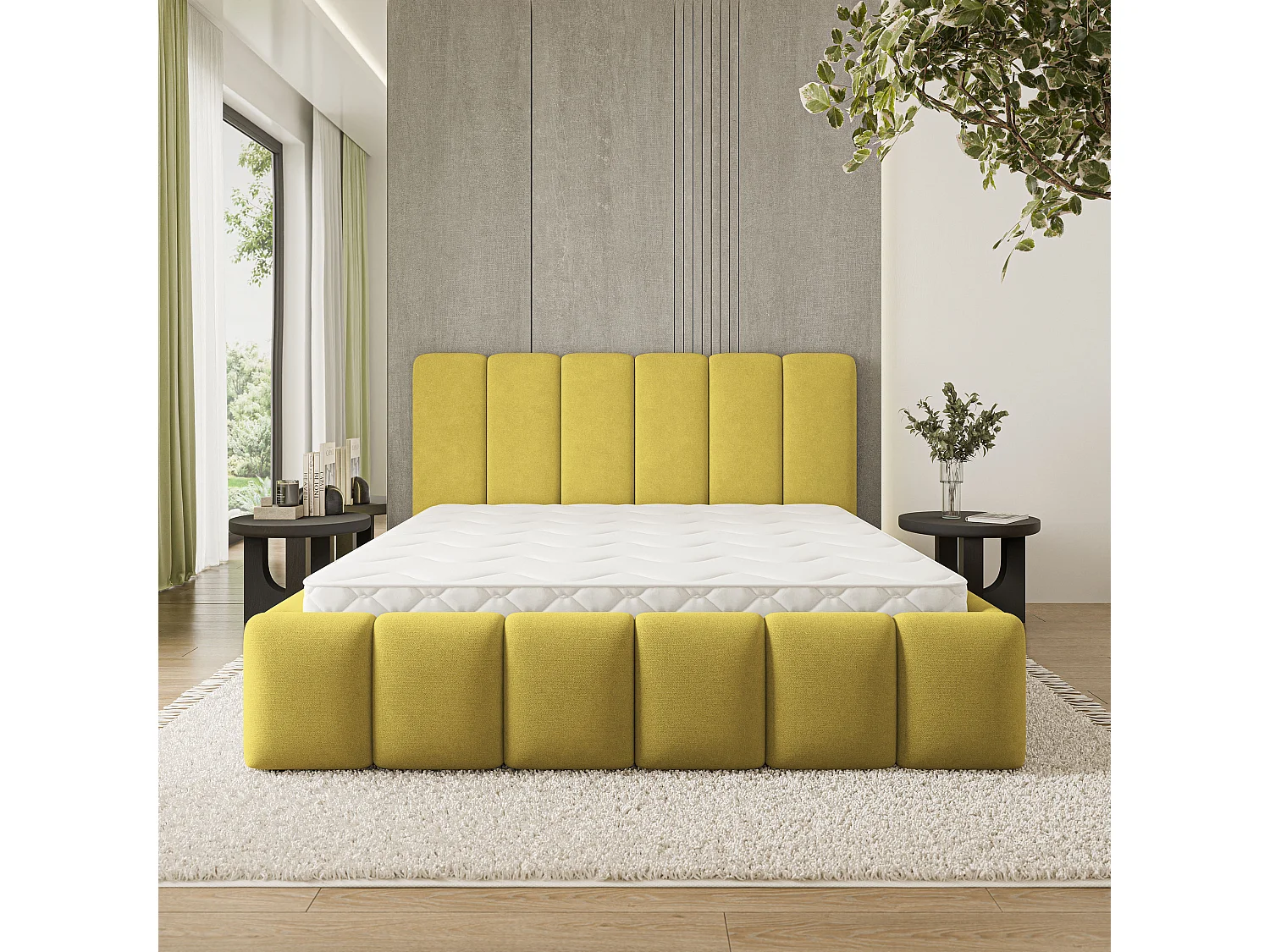 Lit Coffre ATTORA 160x200 cm - Tissu tissé - Jaune