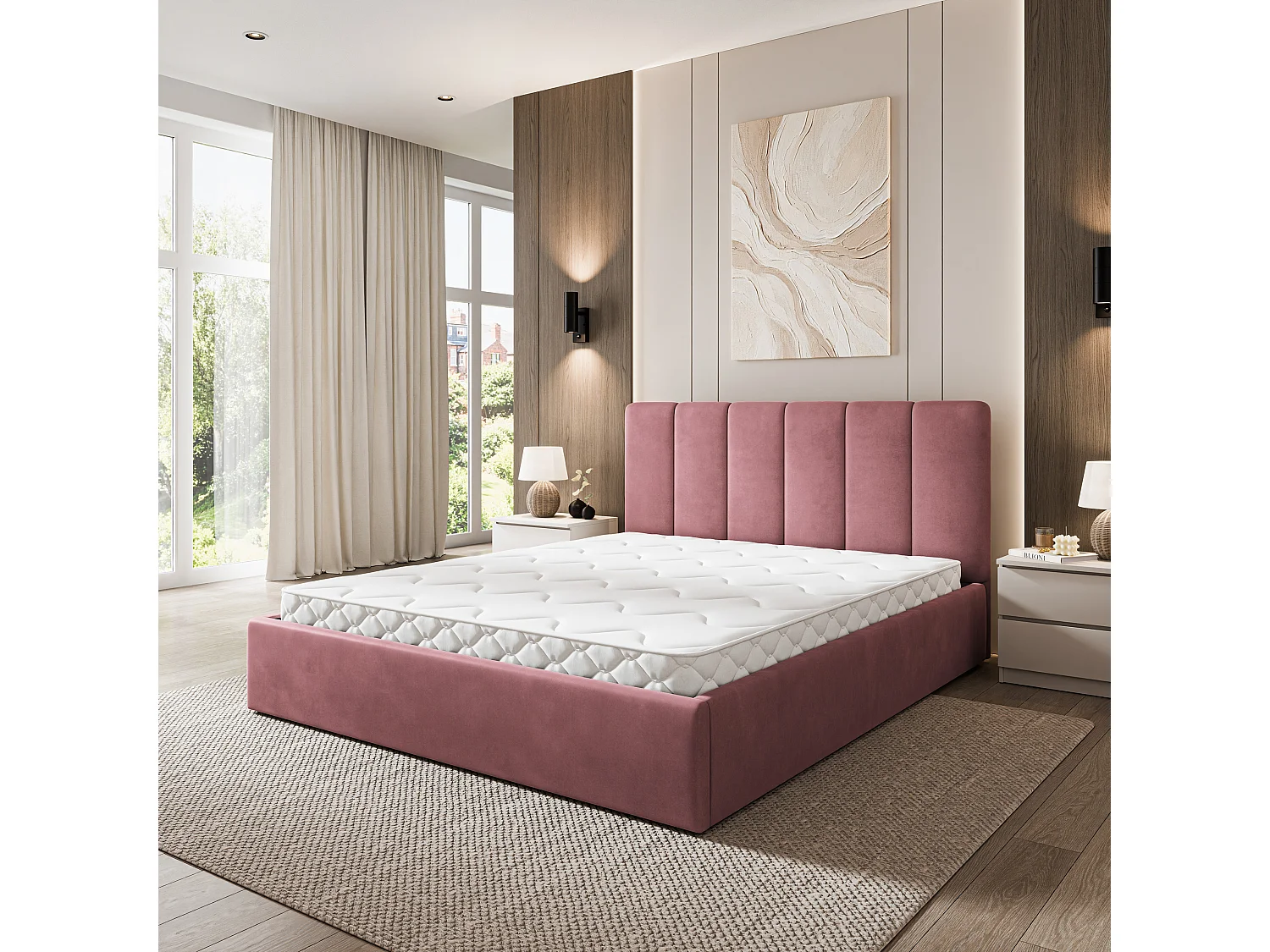 Lit Coffre NEMIS 160x200 cm - Tissu velours - Rose