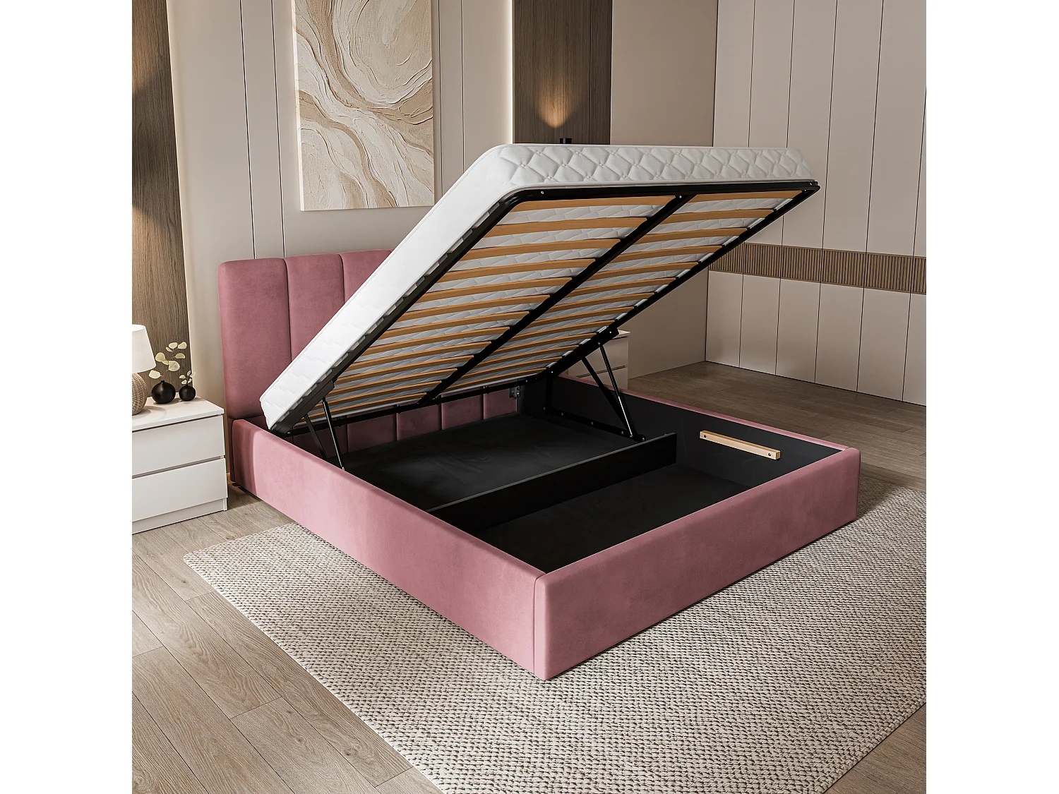 Lit Coffre NEMIS 160x200 cm - Tissu velours - Rose