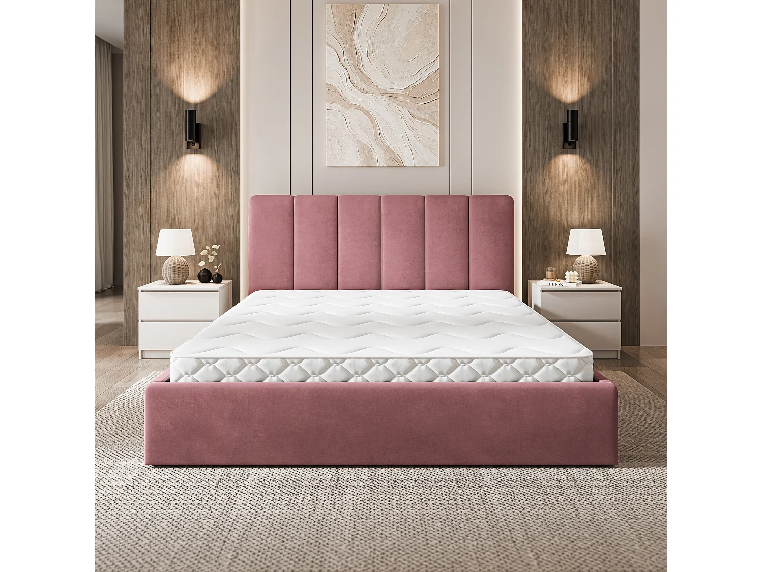 Lit Coffre NEMIS 160x200 cm - Tissu velours - Rose