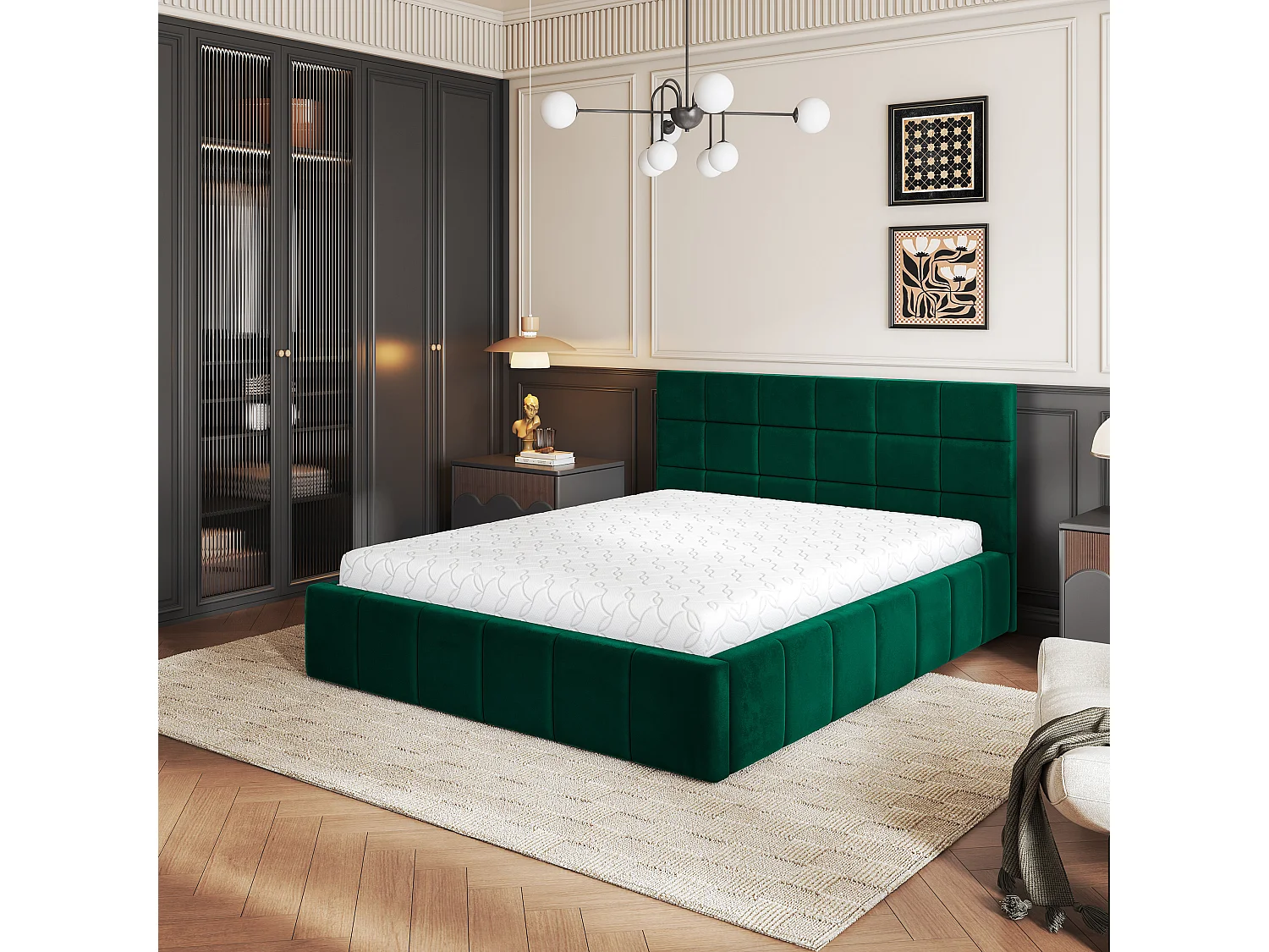 Gestoffeerd bed VERTO 160x200 cm - Pluche stof - Flessengroen