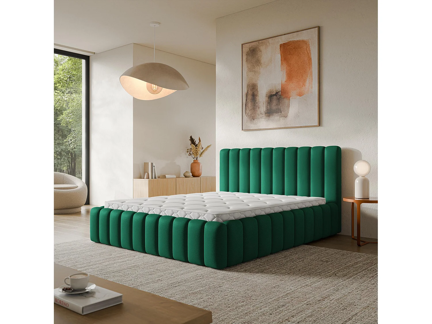 Gestoffeerd bed TEBA 120x200 cm - Pluche stof - Flessengroen