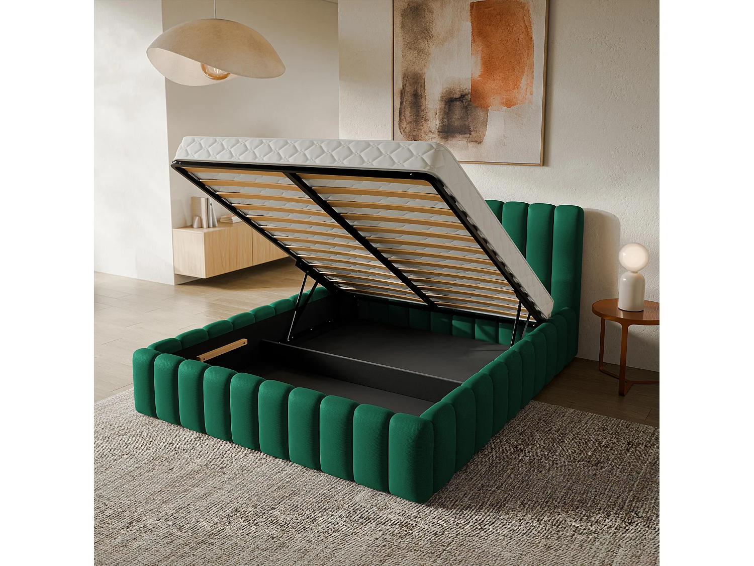 Gestoffeerd bed TEBA 120x200 cm - Pluche stof - Flessengroen