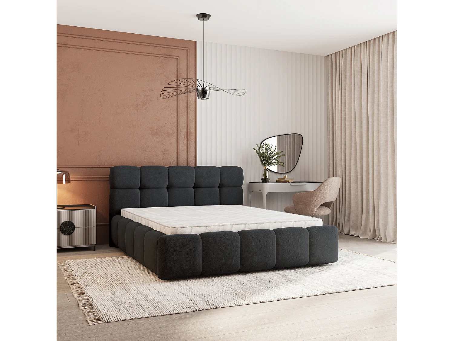 Gestoffeerd bed FARU 180x200 cm - Geweven stof - Zwart