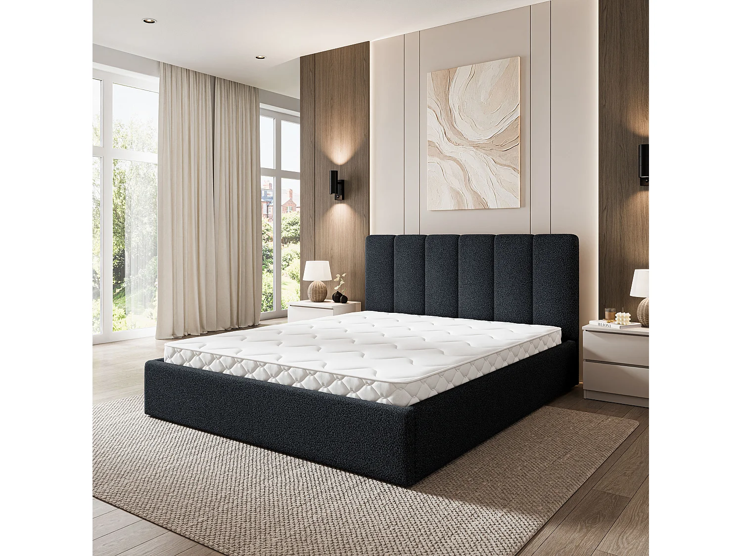 Gestoffeerd bed NEMIS 180x200 cm - Bouclé stof - Zwart