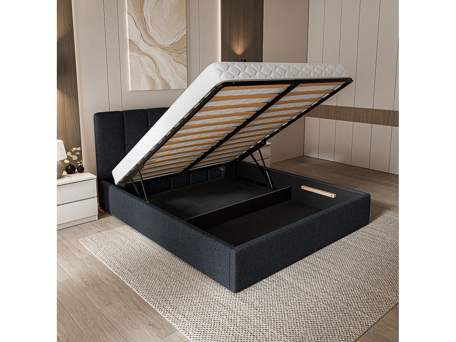 Gestoffeerd bed NEMIS 180x200 cm - Bouclé stof - Zwart