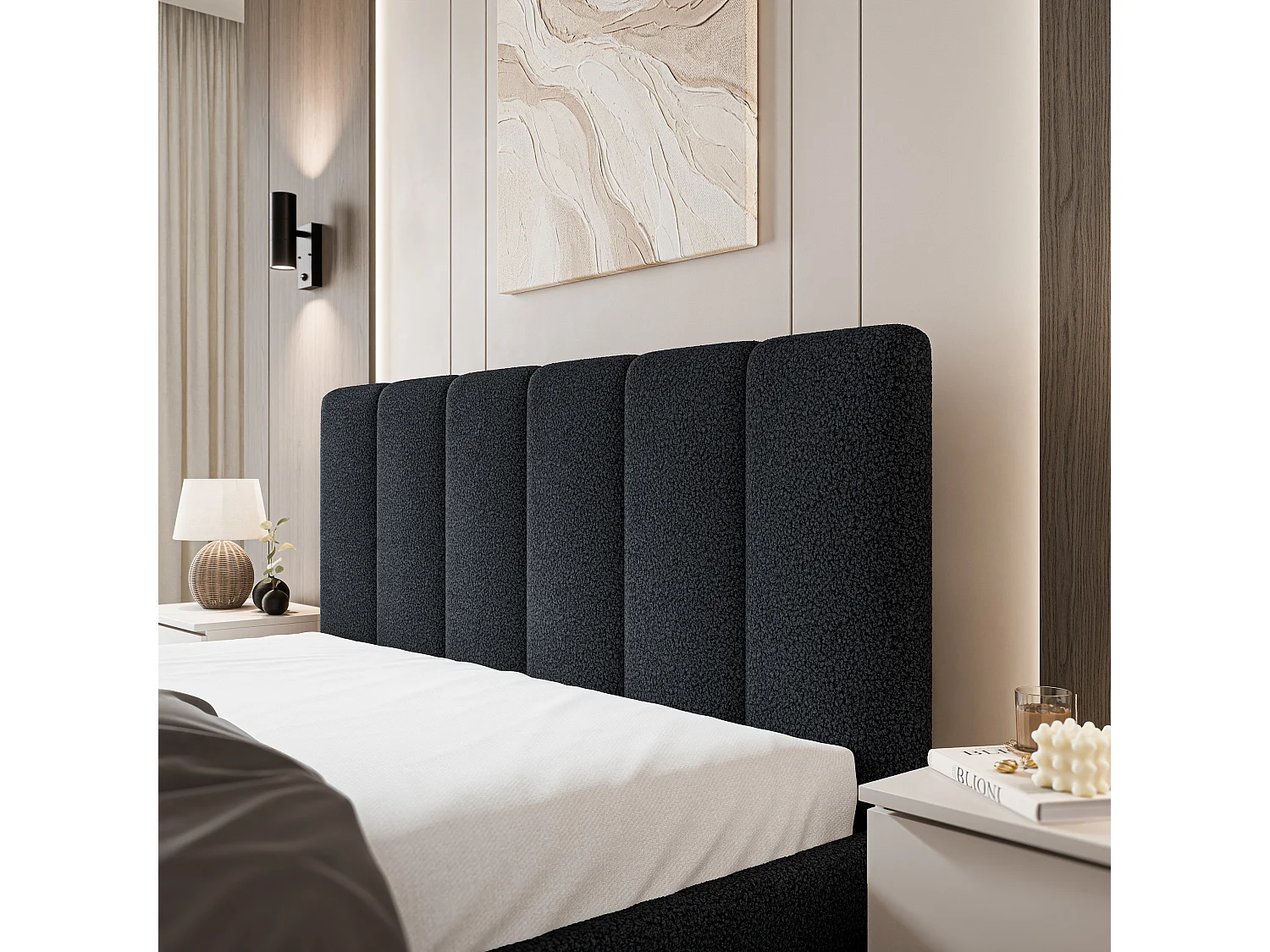 Gestoffeerd bed NEMIS 180x200 cm - Bouclé stof - Zwart